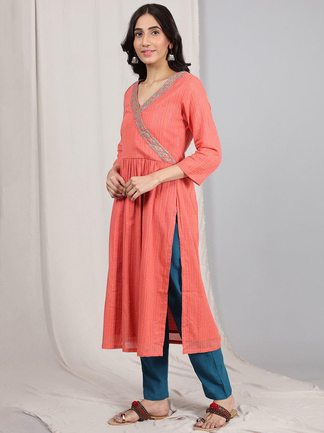 CORAL EMBROIDERED COTTON LUREX GATHERED KURTA WITH BLUE LINEN PANTS