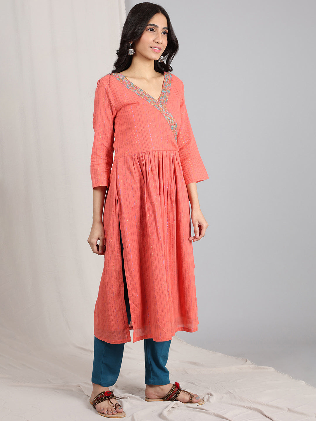 CORAL EMBROIDERED COTTON LUREX GATHERED KURTA WITH BLUE LINEN PANTS