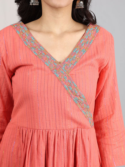 CORAL EMBROIDERED COTTON LUREX GATHERED KURTA WITH BLUE LINEN PANTS