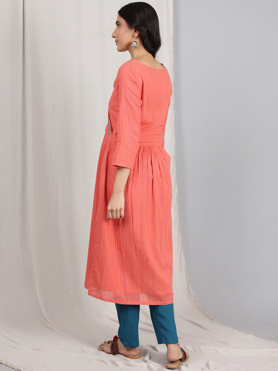 CORAL EMBROIDERED COTTON LUREX GATHERED KURTA WITH BLUE LINEN PANTS