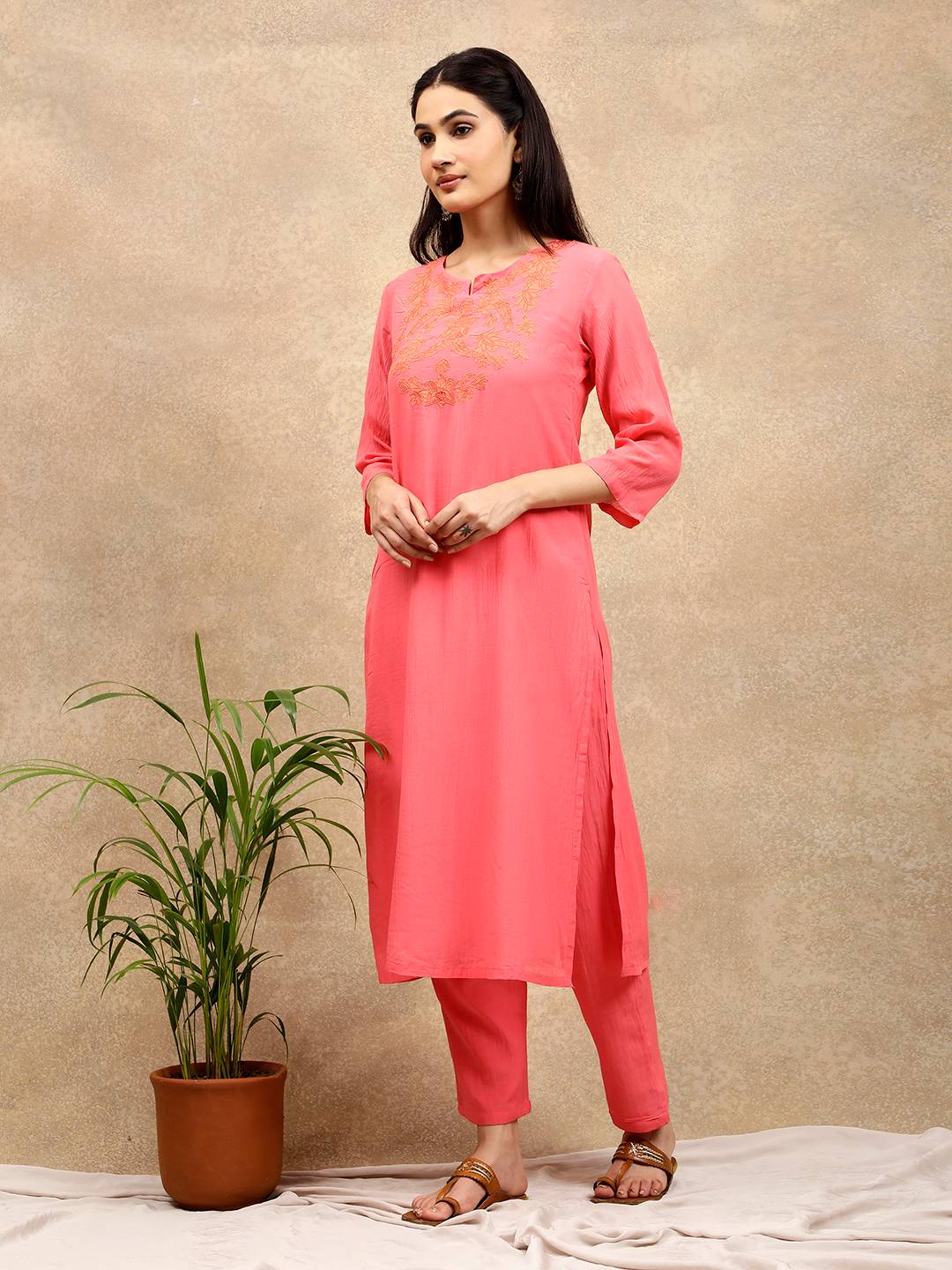 PINK APPLIQUE EMBROIDERED COTTON SILK KURTA