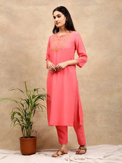 PINK APPLIQUE EMBROIDERED COTTON SILK KURTA WITH PANTS