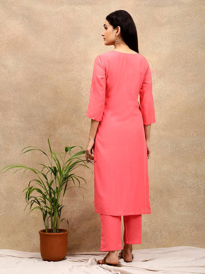 PINK APPLIQUE EMBROIDERED COTTON SILK KURTA