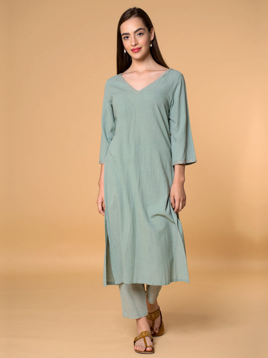 MINT GREEN EMBROIDERED COTTON KURTA WITH PANTS