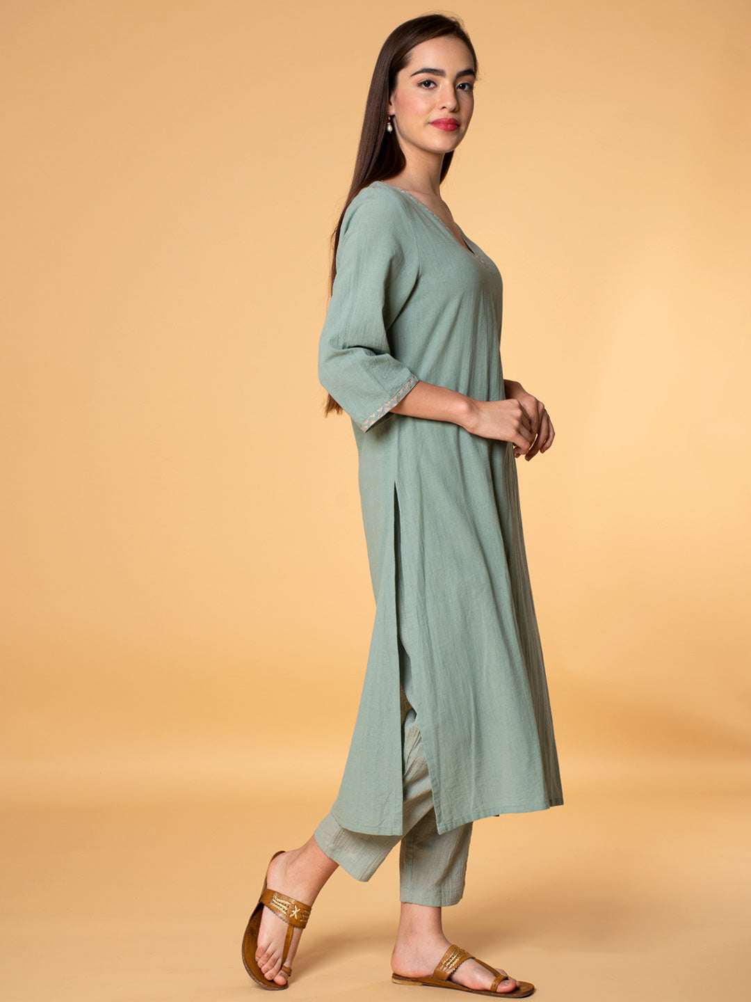 MINT GREEN EMBROIDERED COTTON KURTA WITH PANTS