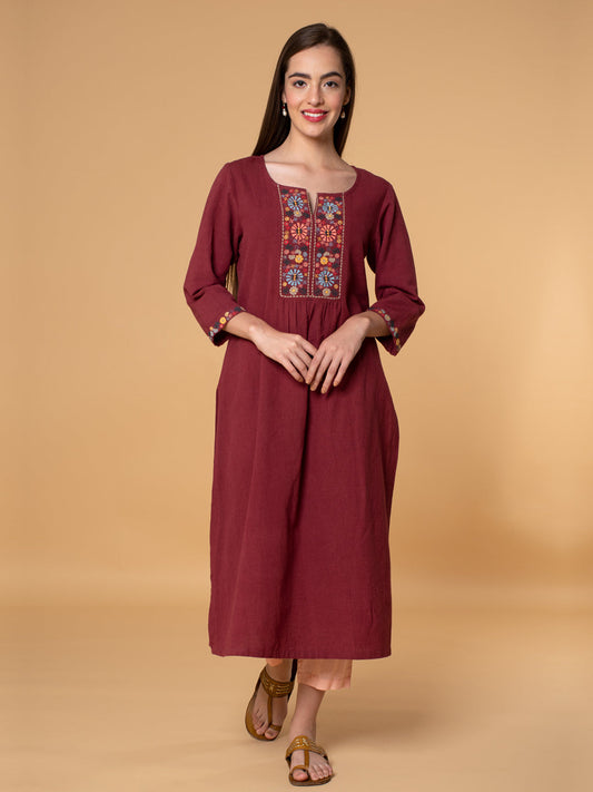 MAROON EMBROIDERED COTTON LINEN KURTA WITH MUSTARD YELLOW VISCOSE PANTS