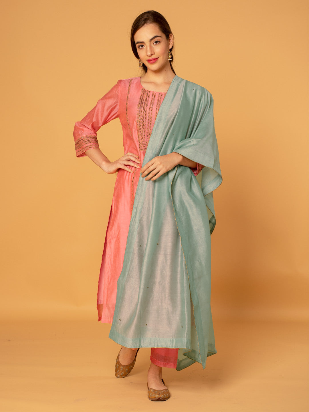 PASTEL PINK EMBROIDERED CHANDERI KURTA