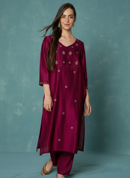 BURGUNDY HAND EMBROIDERED CHANDERI KURTA WITH PANTS