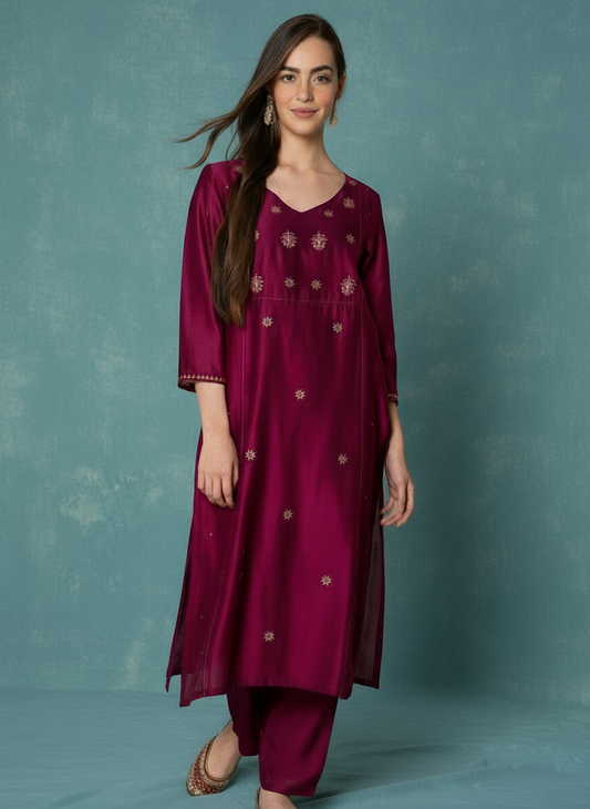 BURGUNDY HAND EMBROIDERED CHANDERI KURTA WITH PANTS