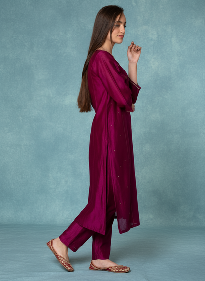 BURGUNDY HAND EMBROIDERED CHANDERI KURTA WITH PANTS