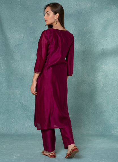BURGUNDY HAND EMBROIDERED CHANDERI KURTA WITH PANTS