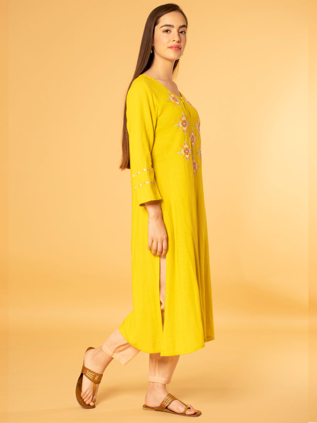 LEMON YELLOW EMBROIDERED LINEN VISCOSE KURTA WITH PEACH COTTON PANTS