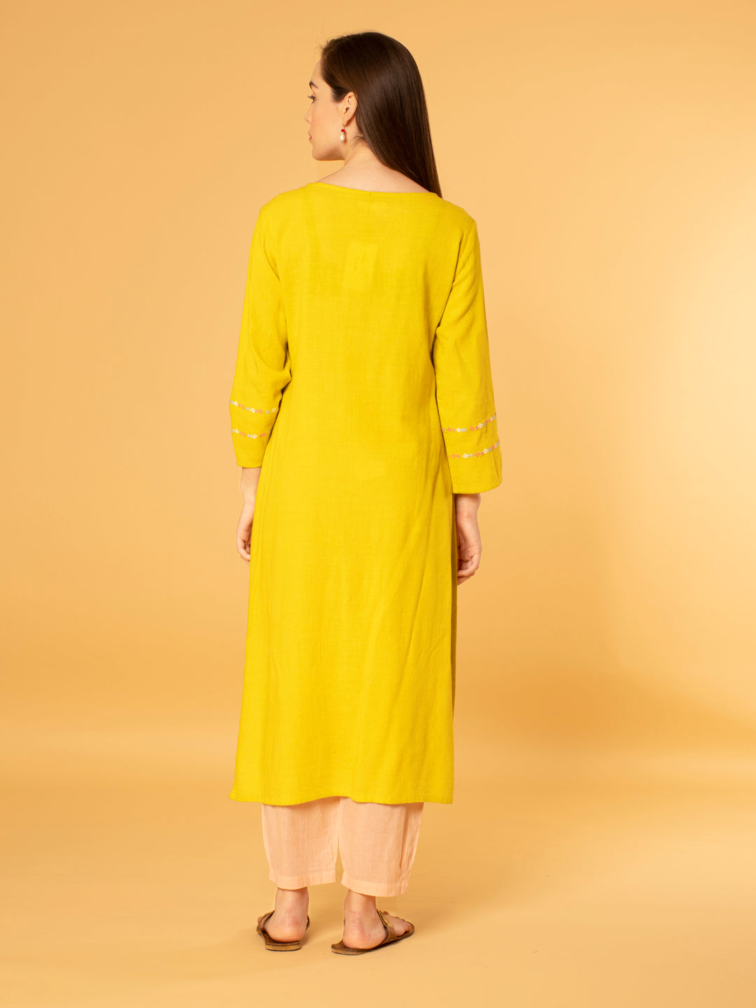 LEMON YELLOW EMBROIDERED LINEN VISCOSE KURTA WITH PEACH COTTON PANTS