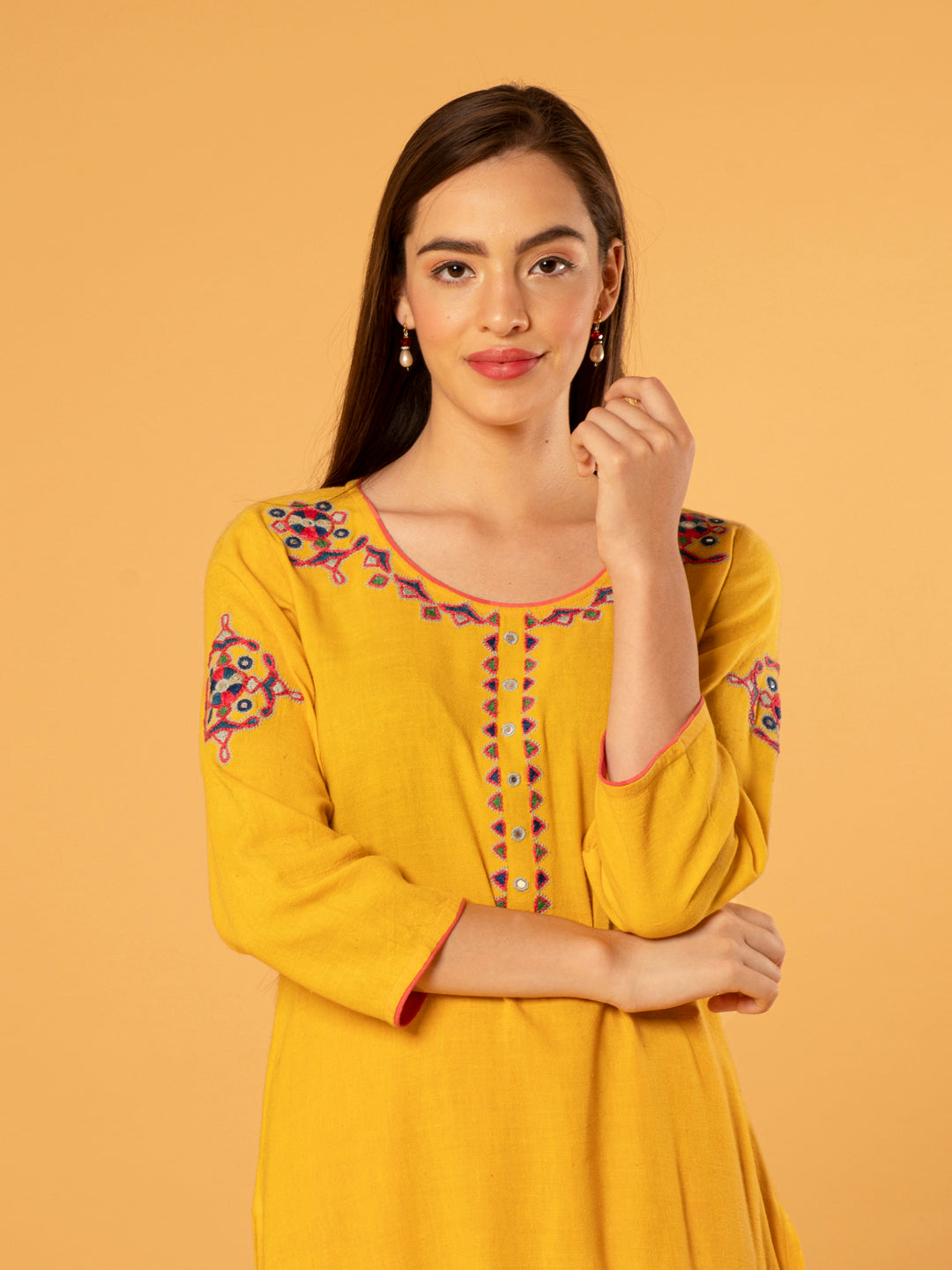 YELLOW EMBROIDERED COTTON LINEN KURTA WITH PALAZZO