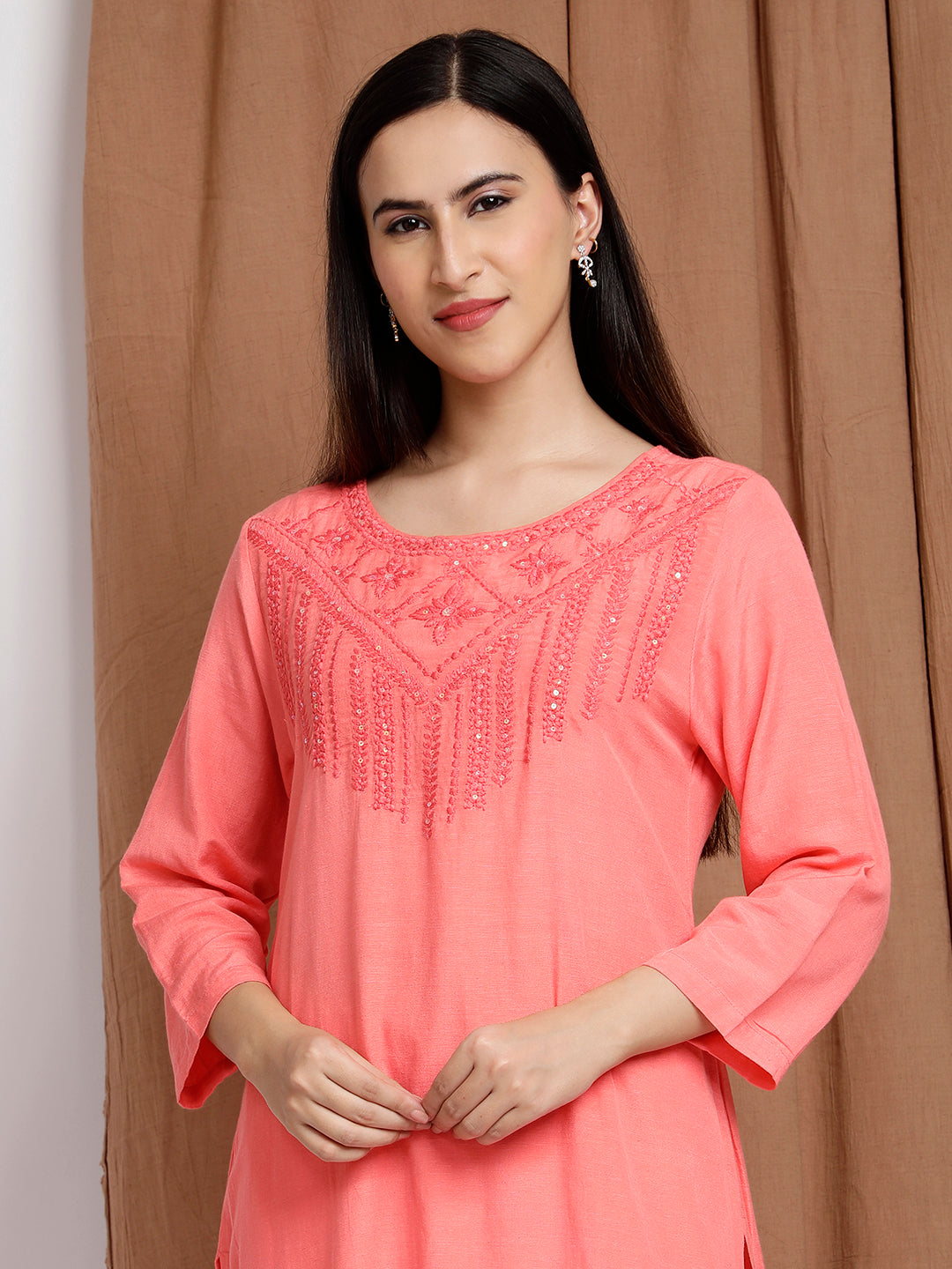 PINK EMBROIDERED LINEN VISCOSE KURTA WITH PANTS