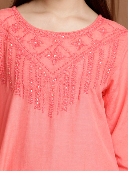 PINK EMBROIDERED LINEN VISCOSE KURTA WITH PANTS