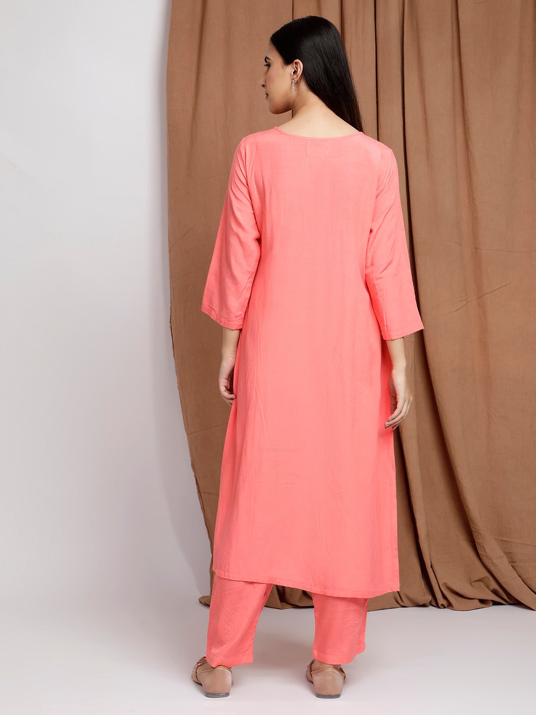 PINK EMBROIDERED LINEN VISCOSE KURTA WITH PANTS