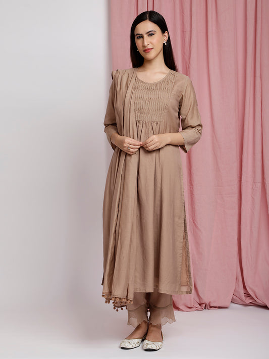 BROWN COTTON SILK PLEATED KURTA WITH PANTS