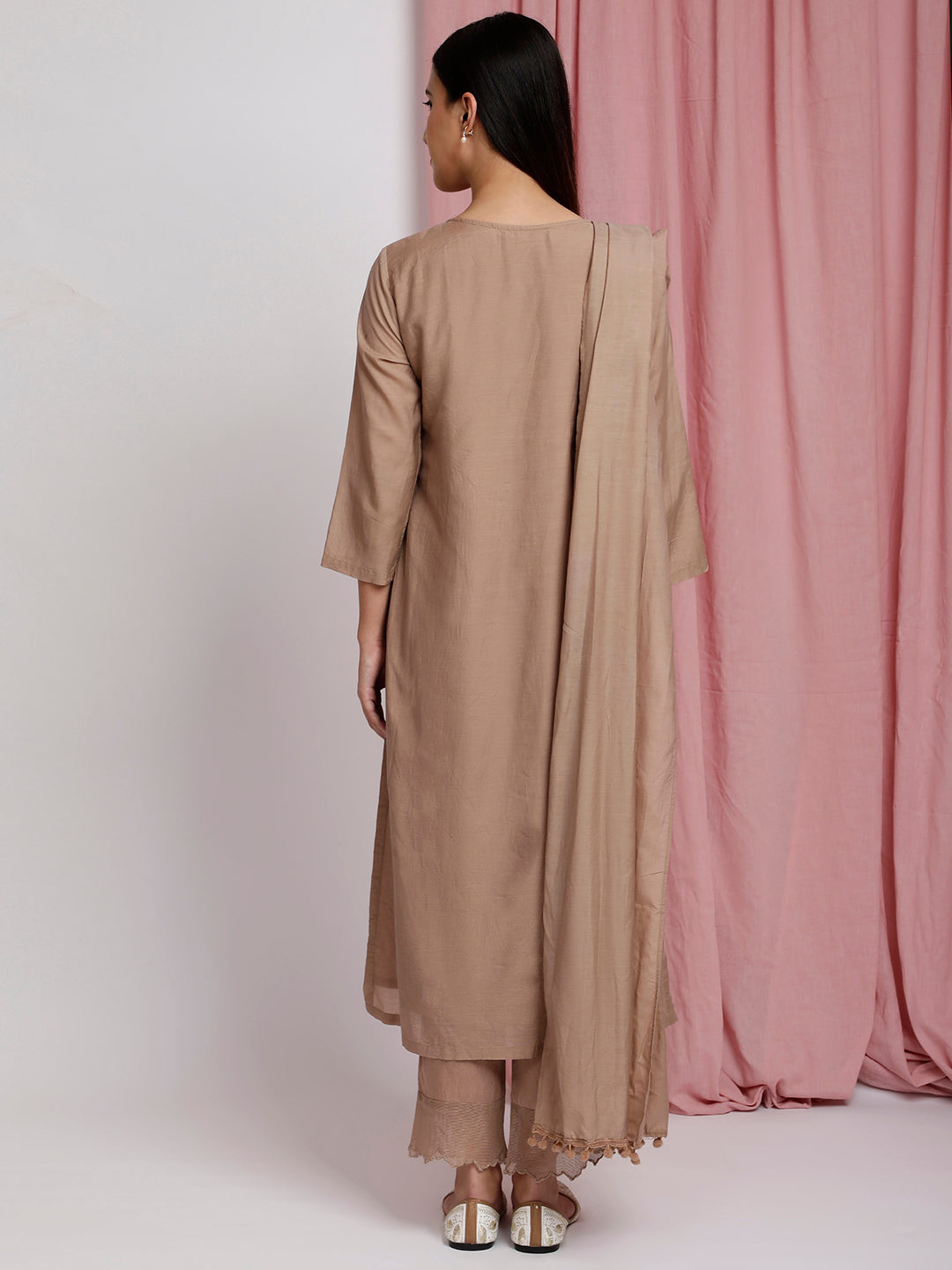 BROWN COTTON SILK PLEATED KURTA WITH PANTS