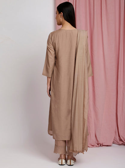 BROWN COTTON SILK PLEATED KURTA WITH PANTS