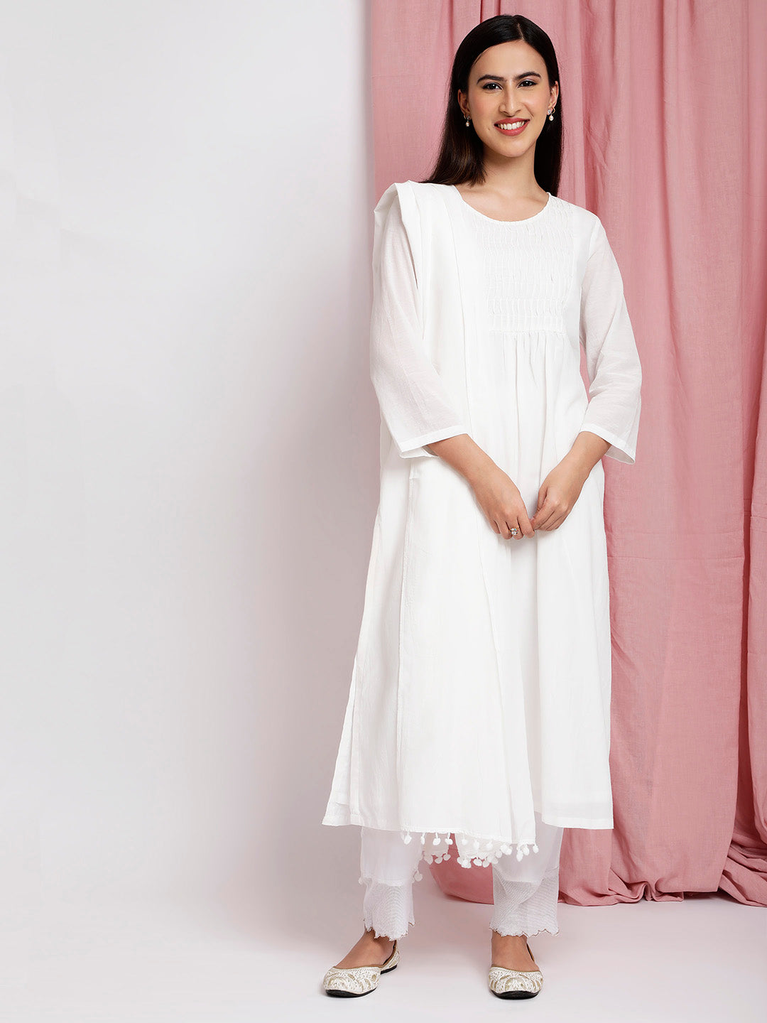 WHITE COTTON SILK PLEATED KURTA WITH PANTS