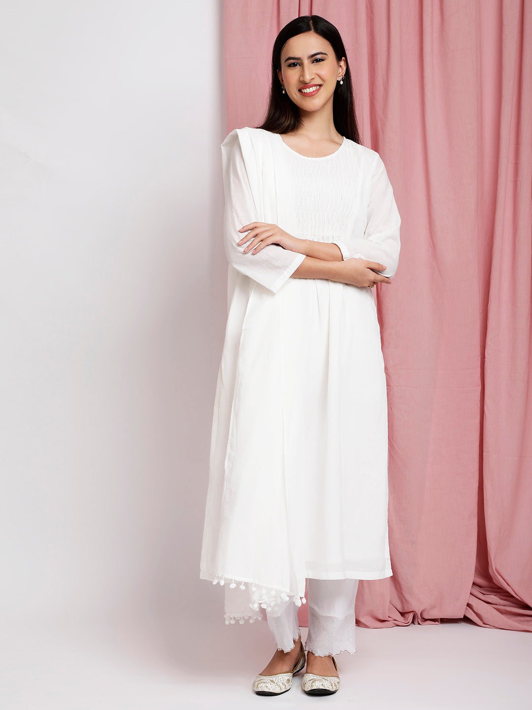 WHITE COTTON SILK PLEATED KURTA WITH PANTS