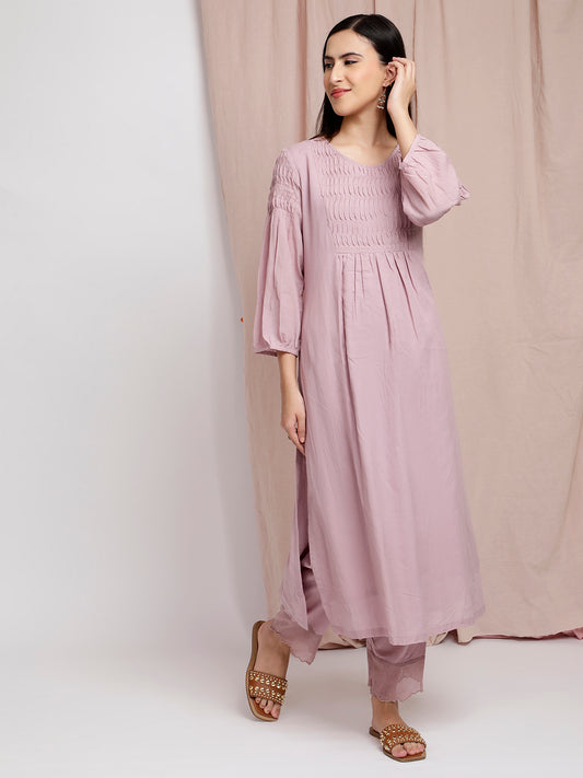 MAUVE COTTON SILK PLEATED KURTA