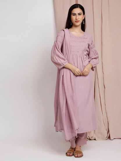 MAUVE COTTON SILK PLEATED KURTA WITH PANTS