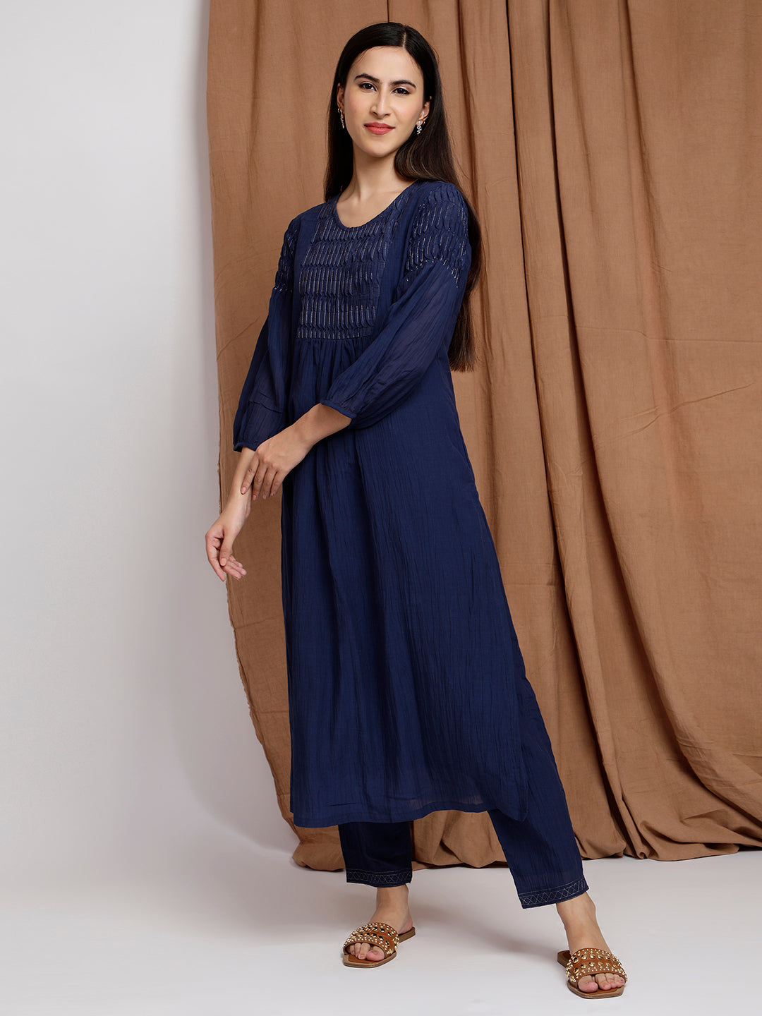 NAVY BLUE COTTON SILK PLEATED KURTA