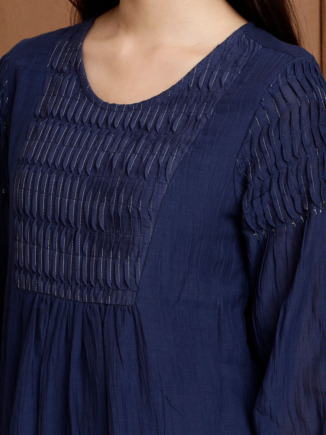 NAVY BLUE COTTON SILK PLEATED KURTA