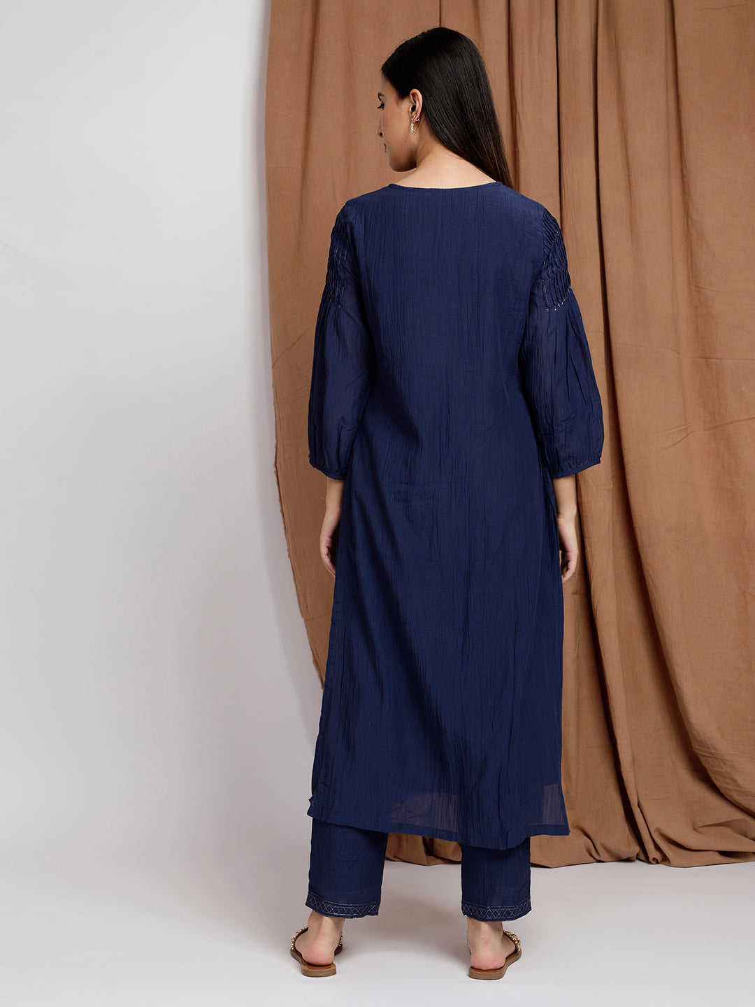 NAVY BLUE COTTON SILK PLEATED KURTA