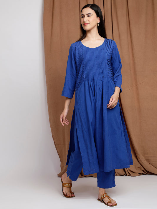 ROYAL BLUE COTTON LINEN PLEATED KURTA