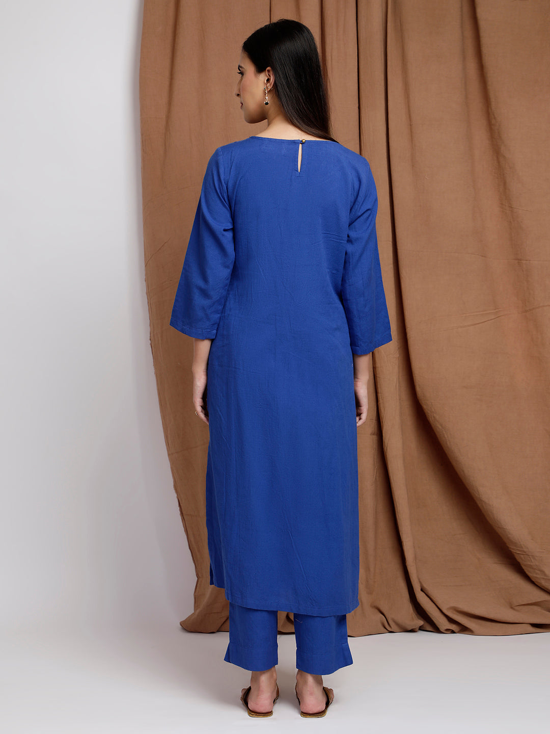 ROYAL BLUE COTTON LINEN PLEATED KURTA WITH PANTS
