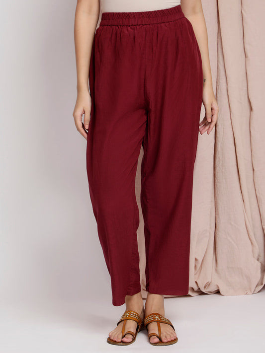 MAROON EMBROIDERED COTTON SILK PLEATED KURTA WITH PANTS