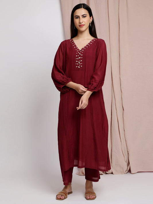 MAROON EMBROIDERED COTTON SILK PLEATED KURTA WITH PANTS