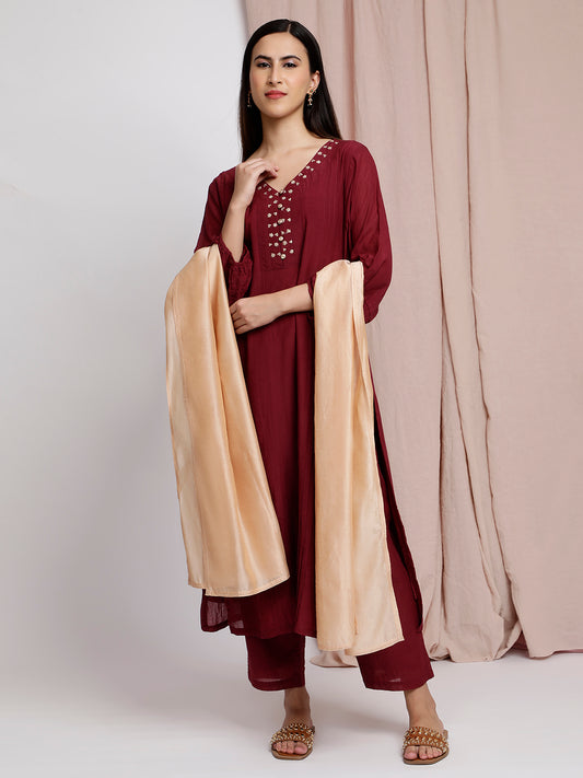 MAROON EMBROIDERED COTTON SILK PLEATED KURTA WITH PANTS