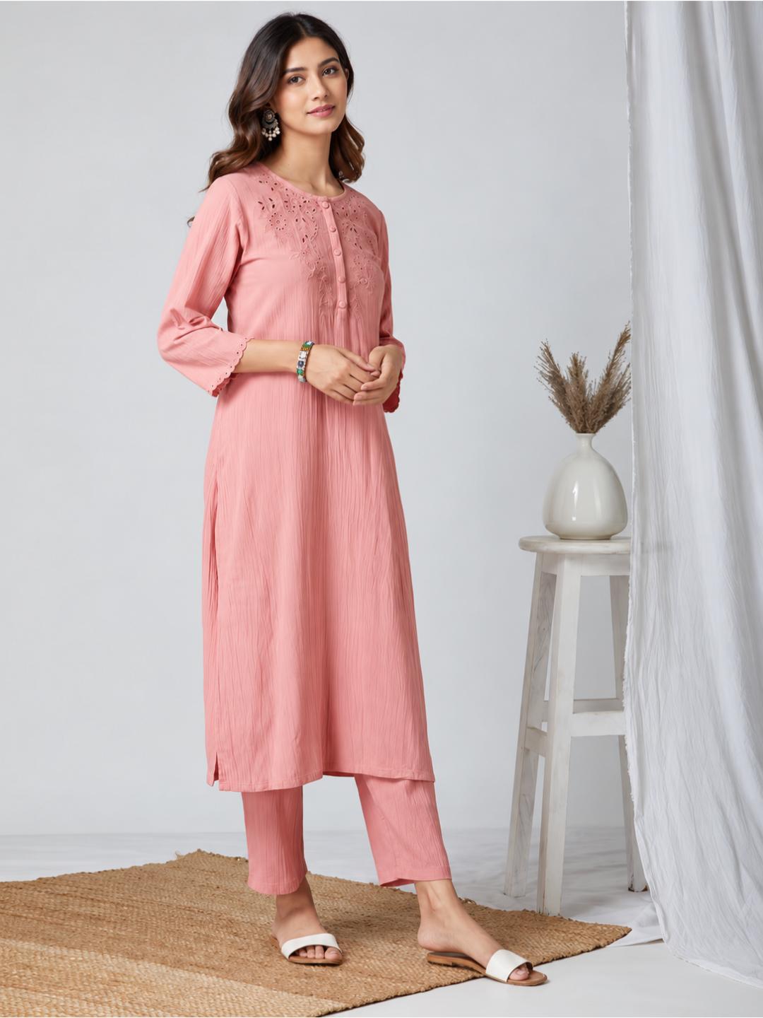 rose-pink-cutwork-embroidered-cotton-kurta-with-pants-set-of-2