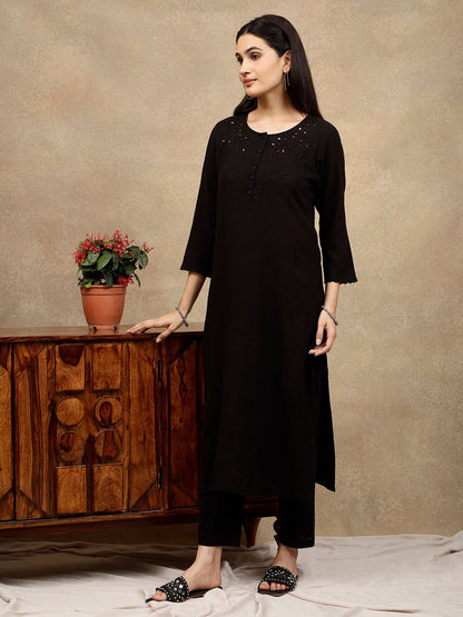 BLACK CUTWORK EMBROIDERED COTTON KURTA WITH PANTS