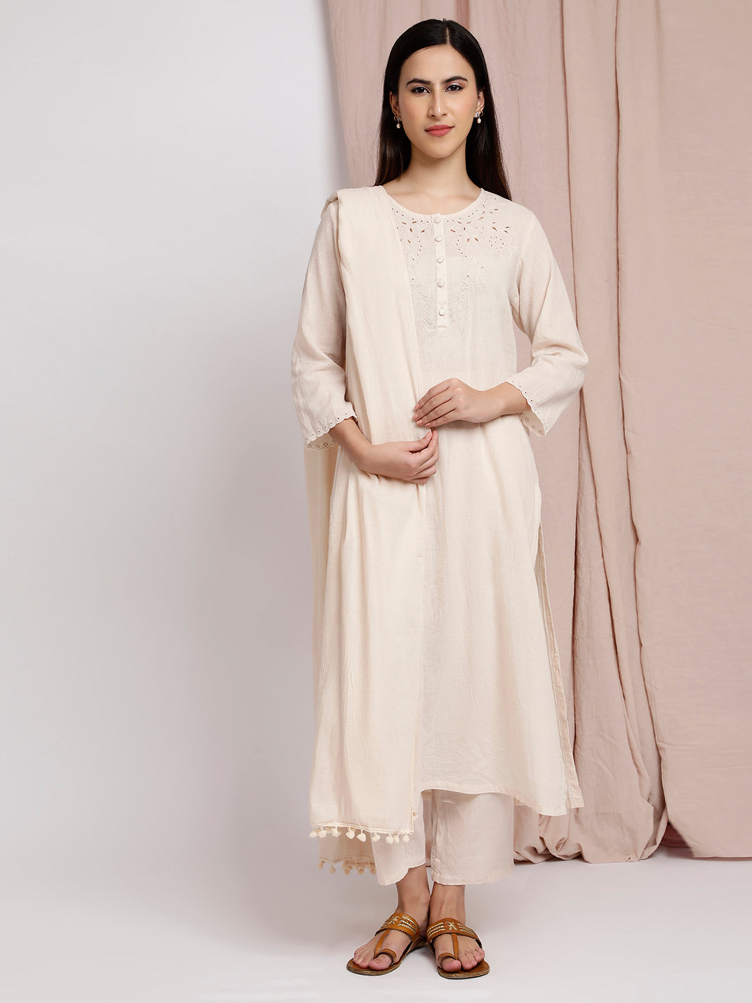 CREAM CUTWORK EMBROIDERED COTTON KURTA WITH PANTS