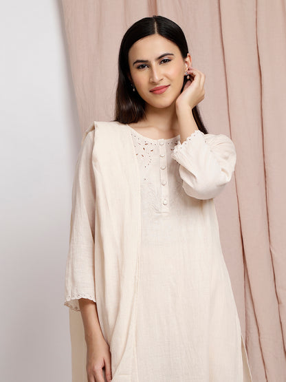 CREAM CUTWORK EMBROIDERED COTTON KURTA WITH PANTS