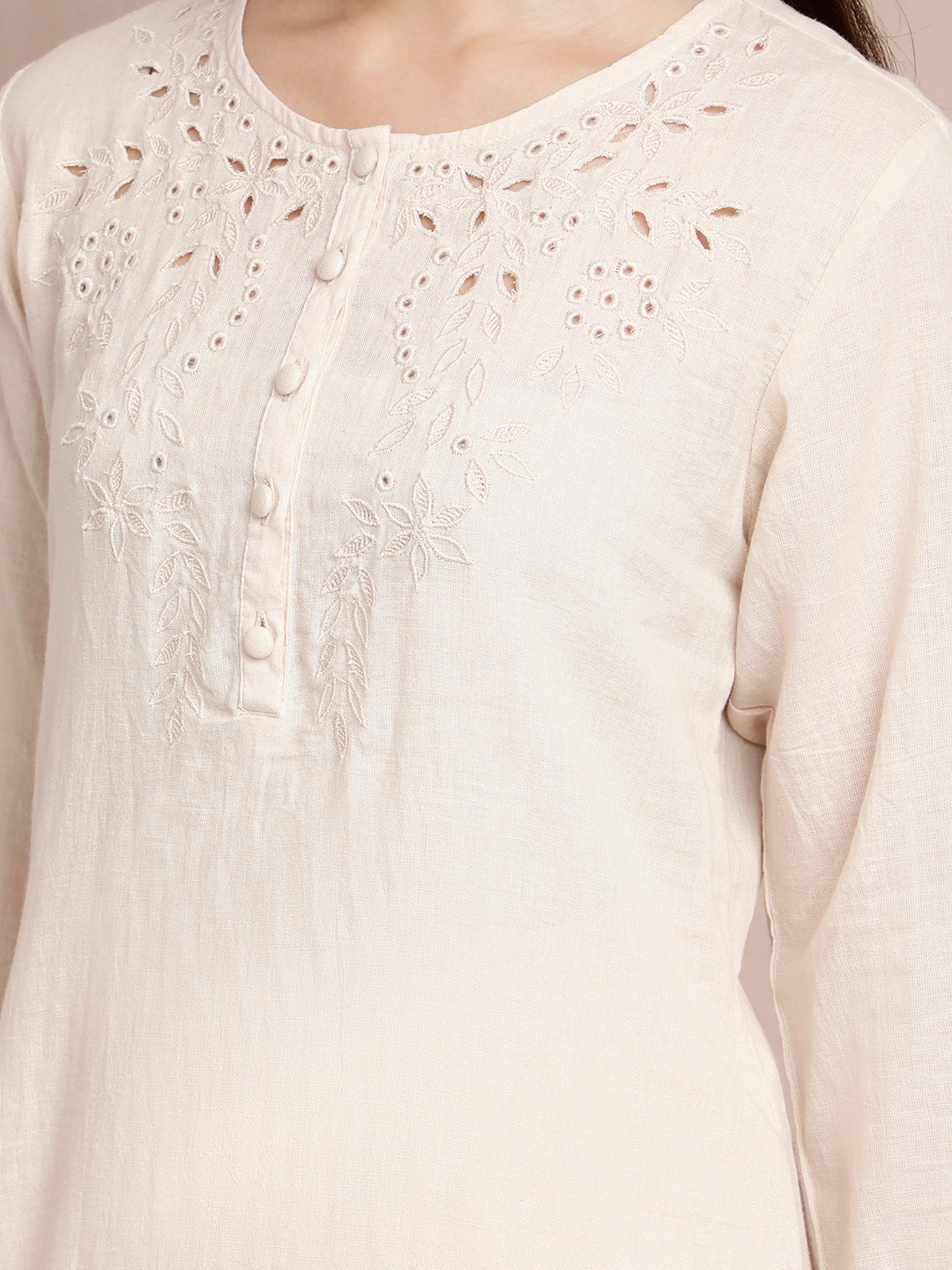 CREAM CUTWORK EMBROIDERED COTTON KURTA WITH PANTS