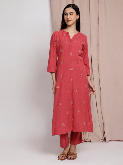 RUSTY RED COTTON LINEN EMBROIDERED  KURTA WITH PANTS