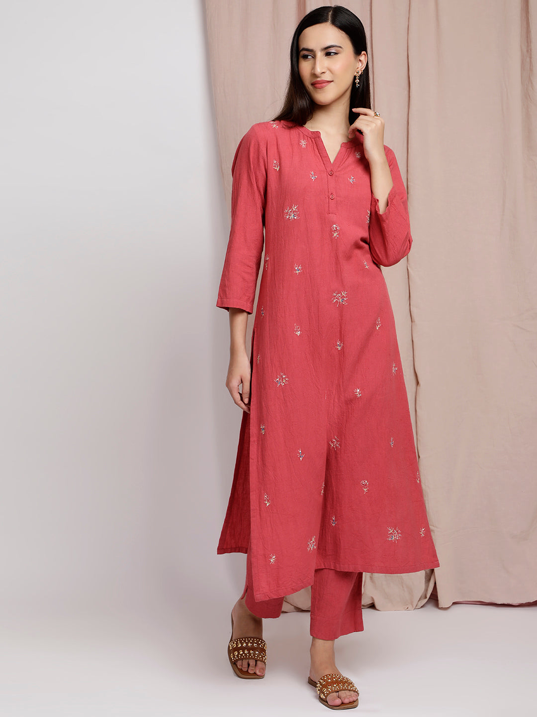 RUSTY RED COTTON LINEN EMBROIDERED  KURTA WITH PANTS