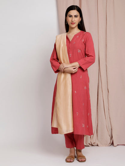 RUSTY RED COTTON LINEN EMBROIDERED  KURTA WITH PANTS