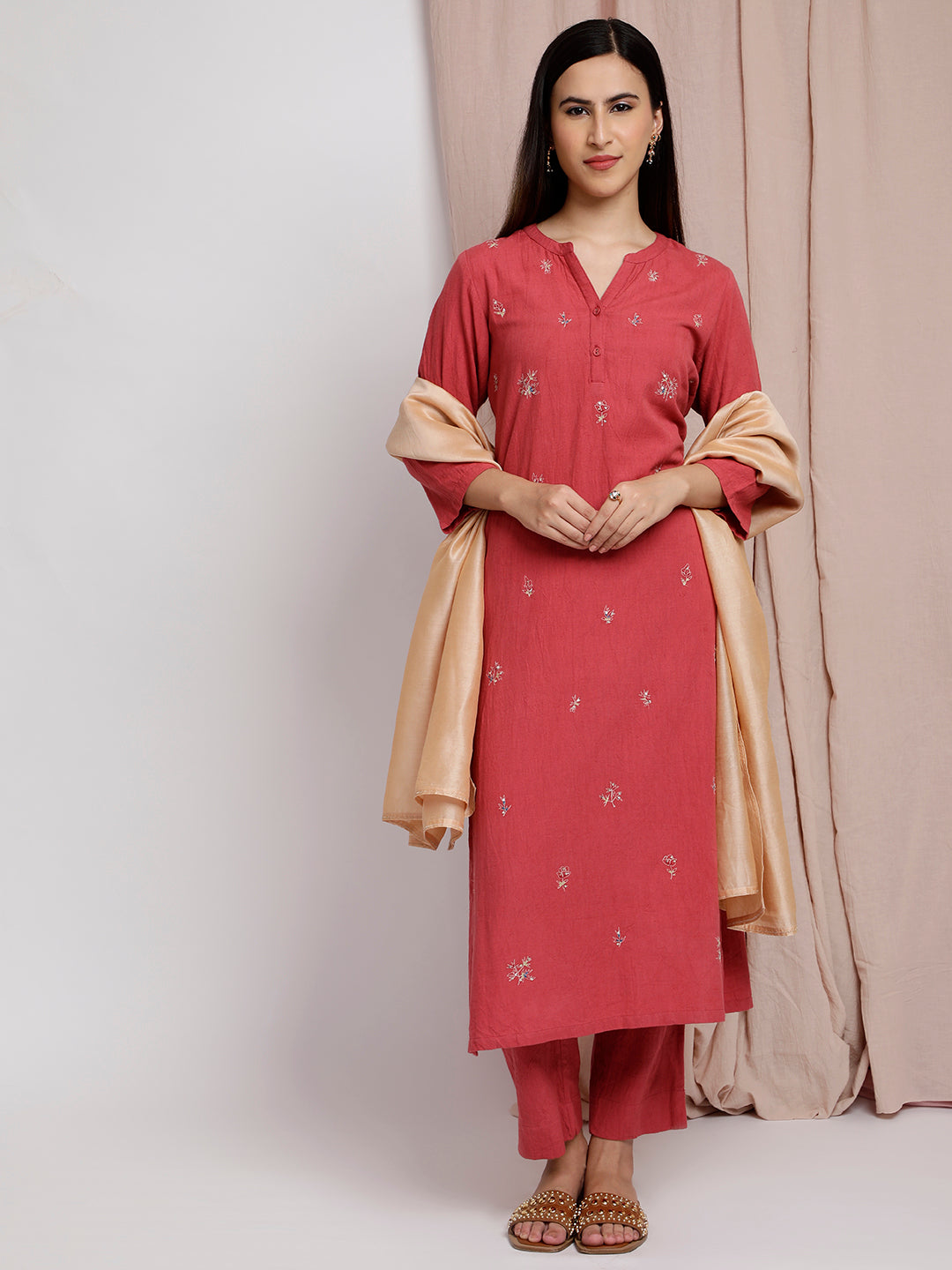 RUSTY RED COTTON LINEN EMBROIDERED  KURTA WITH PANTS