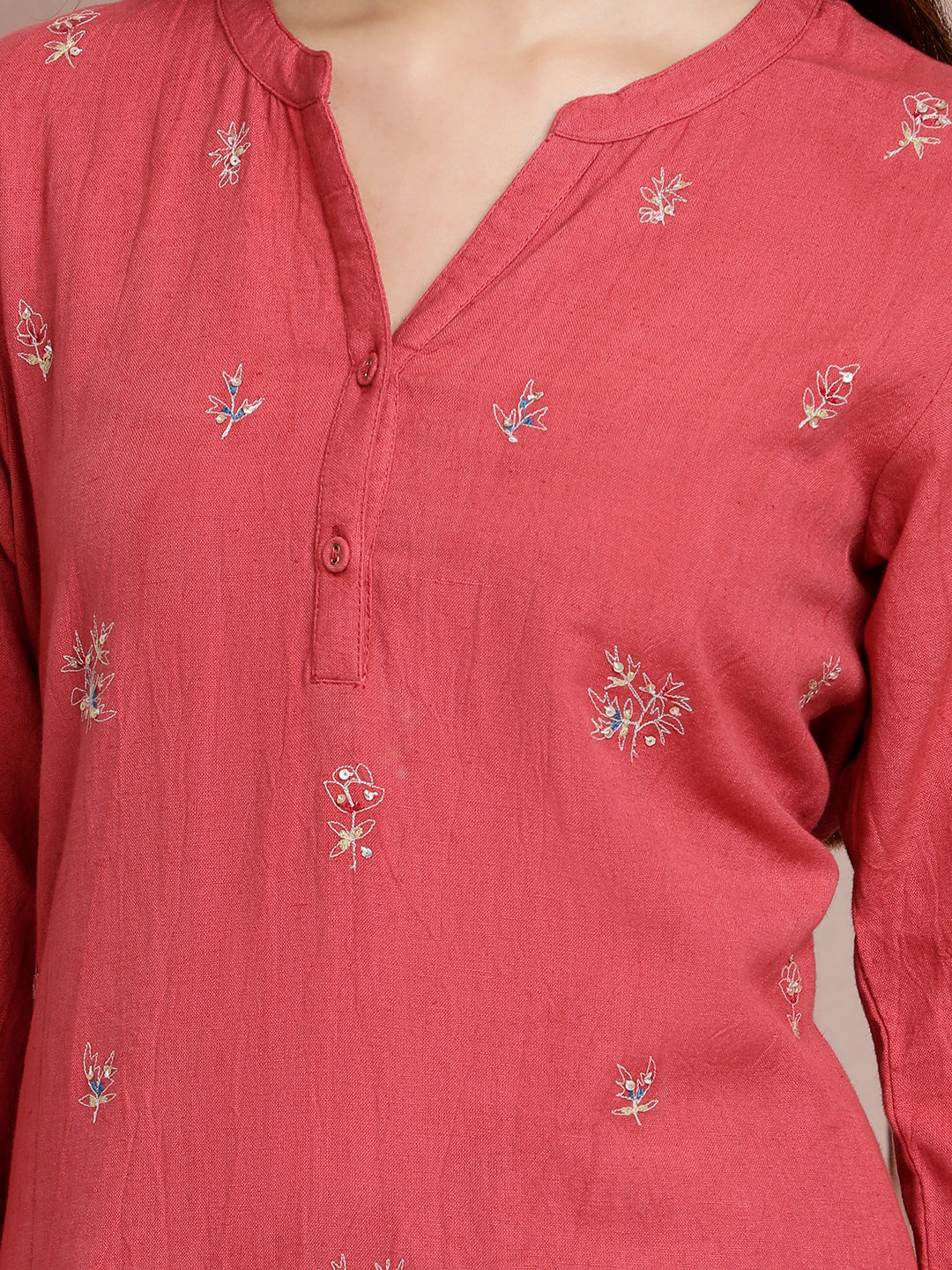 RUSTY RED COTTON LINEN EMBROIDERED  KURTA WITH PANTS