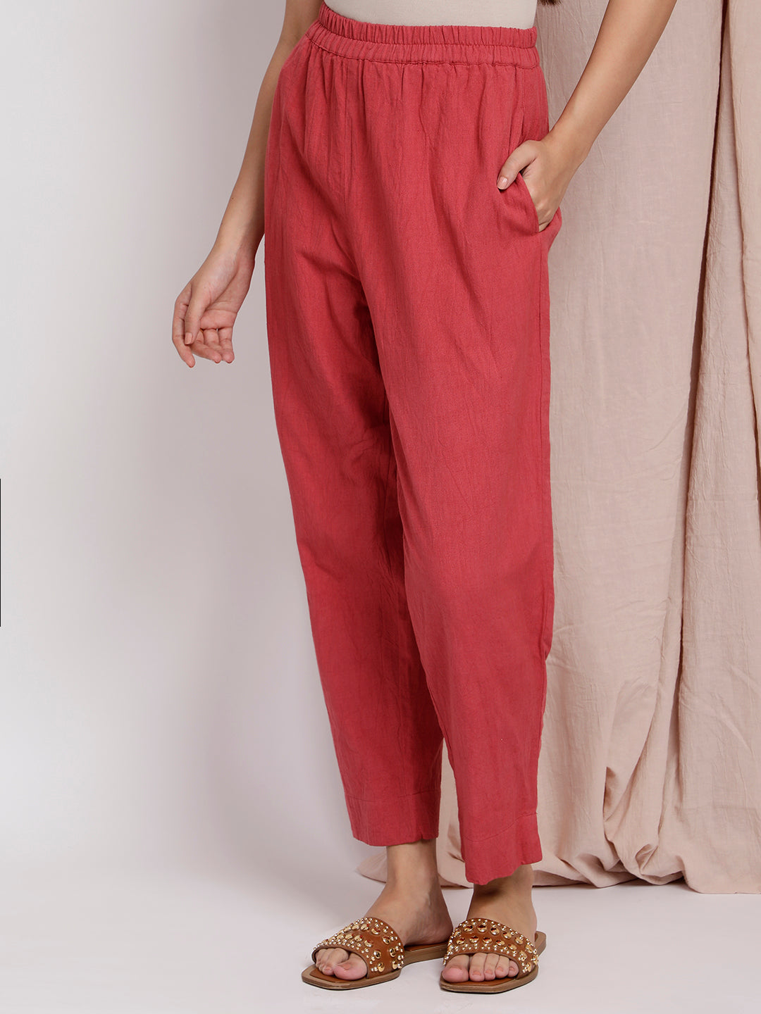 RUSTY RED COTTON LINEN EMBROIDERED  KURTA WITH PANTS