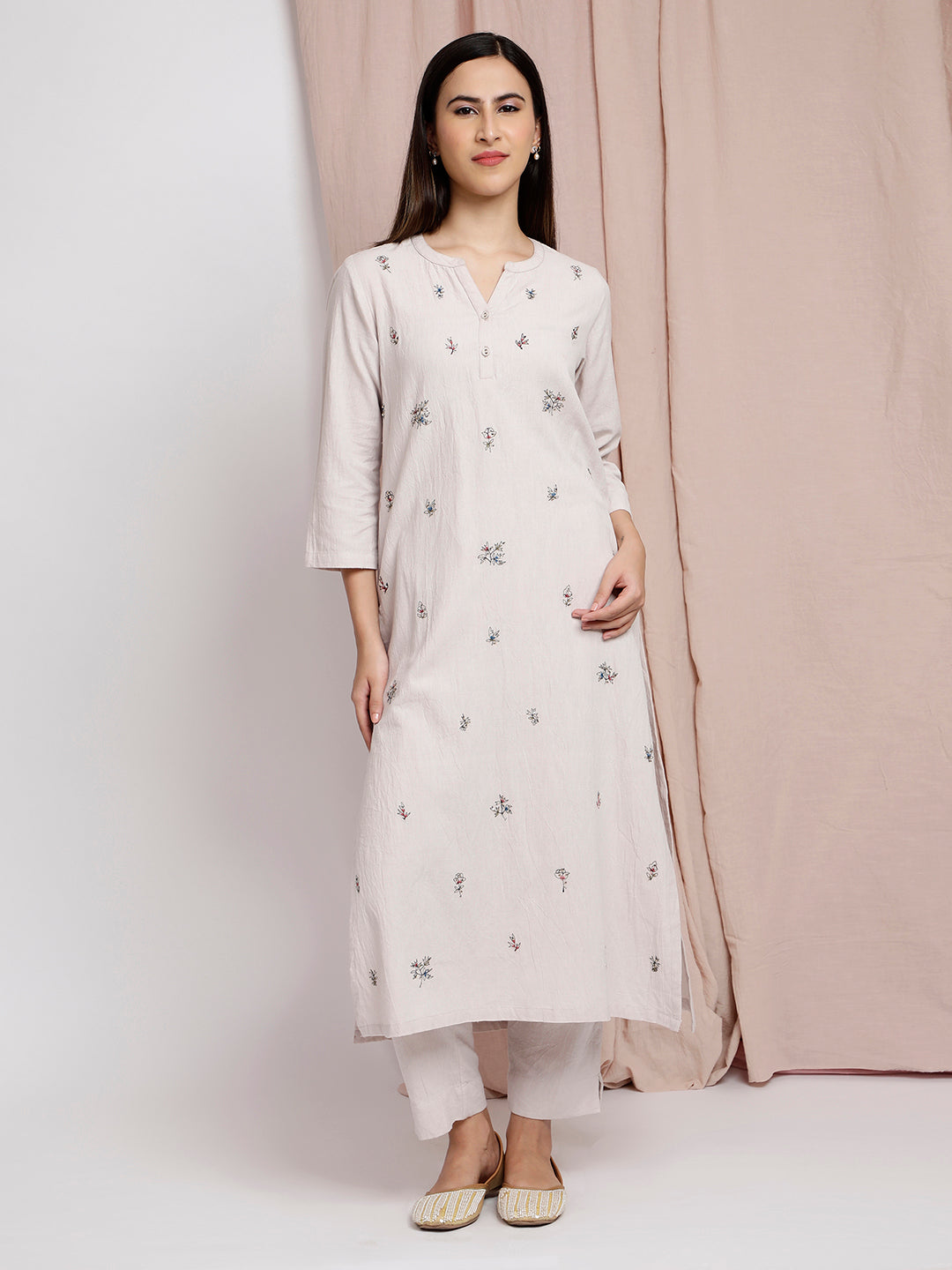 GREY COTTON LINEN EMBROIDERED KURTA