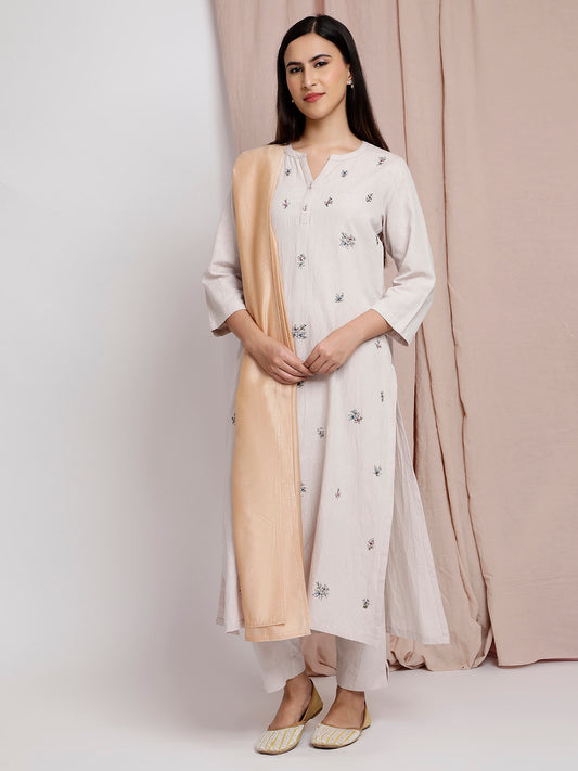 GREY COTTON LINEN EMBROIDERED KURTA WITH PANTS