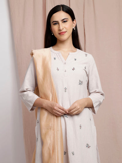 GREY COTTON LINEN EMBROIDERED KURTA WITH PANTS